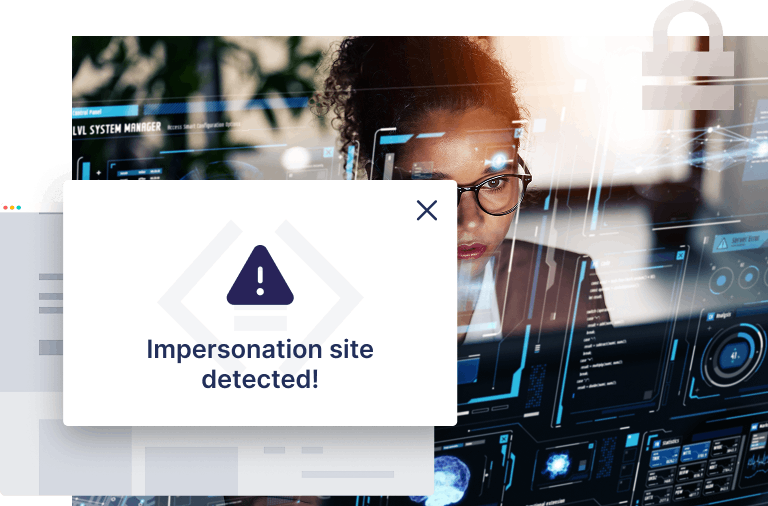 A warning message reading "Impersonation site detected!" appears over a person working at a computer, highlighting the dangers of SEO poisoning through deceptive digital interface graphics.